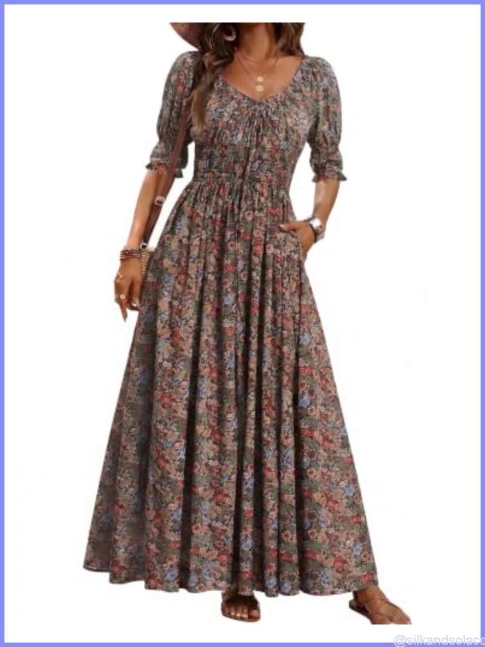Boho Floral Puff Sleeve Maxi Dress with Pockets